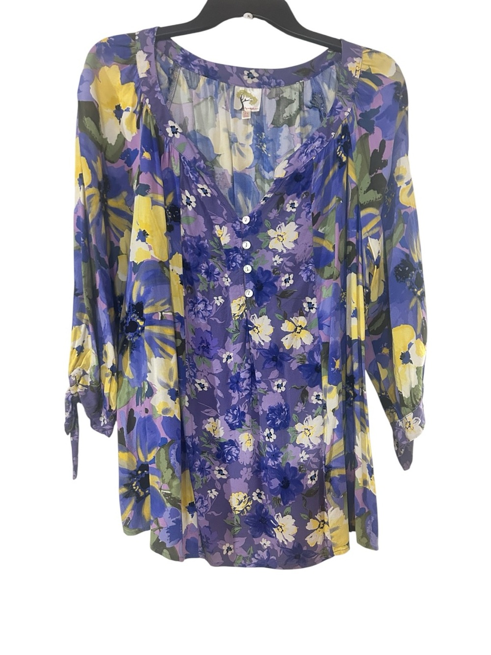fig and flower Purple and Yellow Floral V-Neck Button Front Tunic